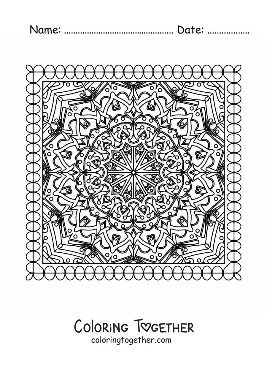 Coloring page of a difficult square mandala