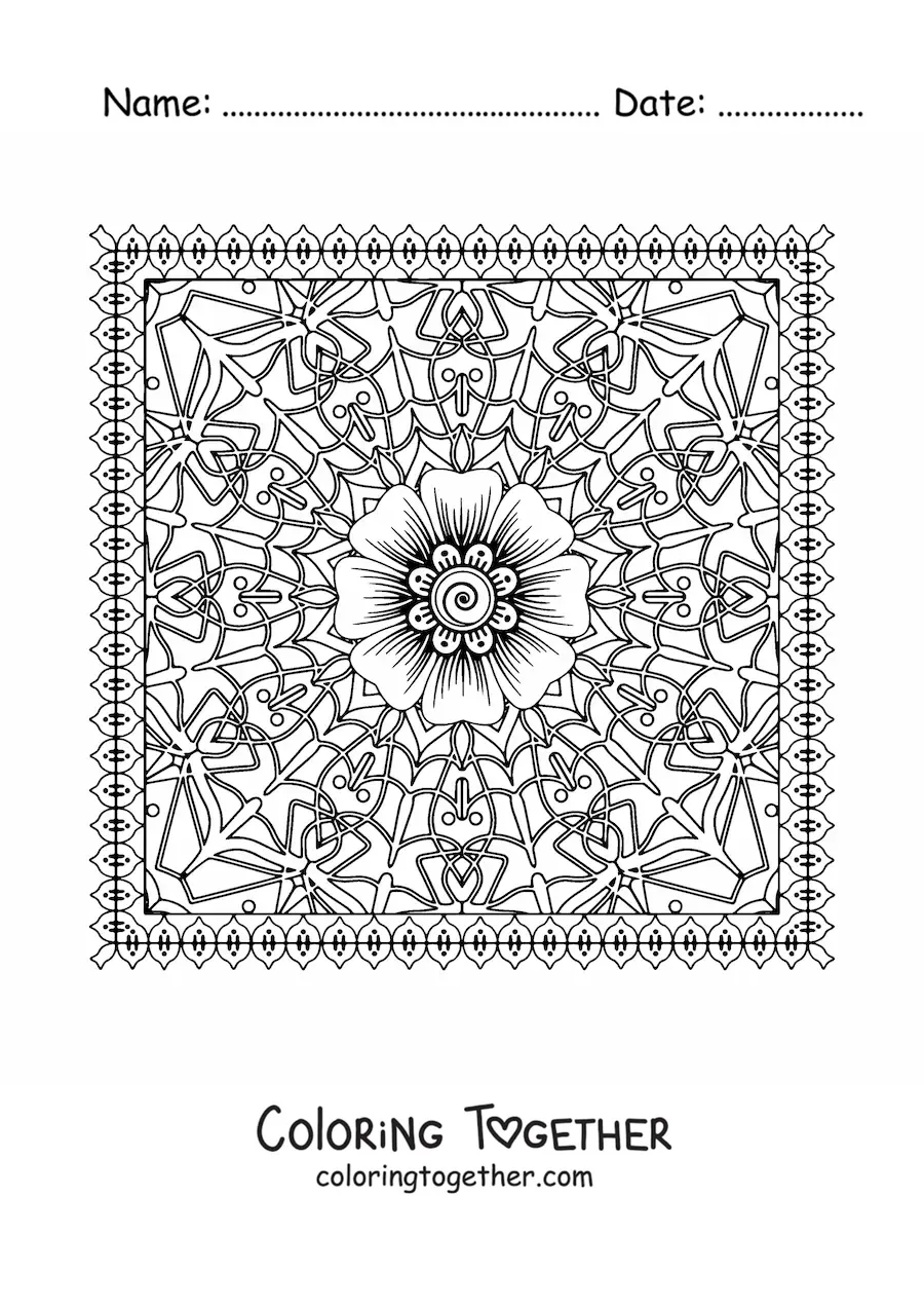 Coloring page of a floral square mandala