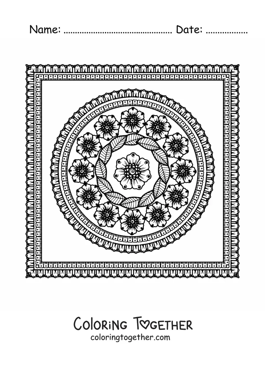 Coloring page of a floral square mandala