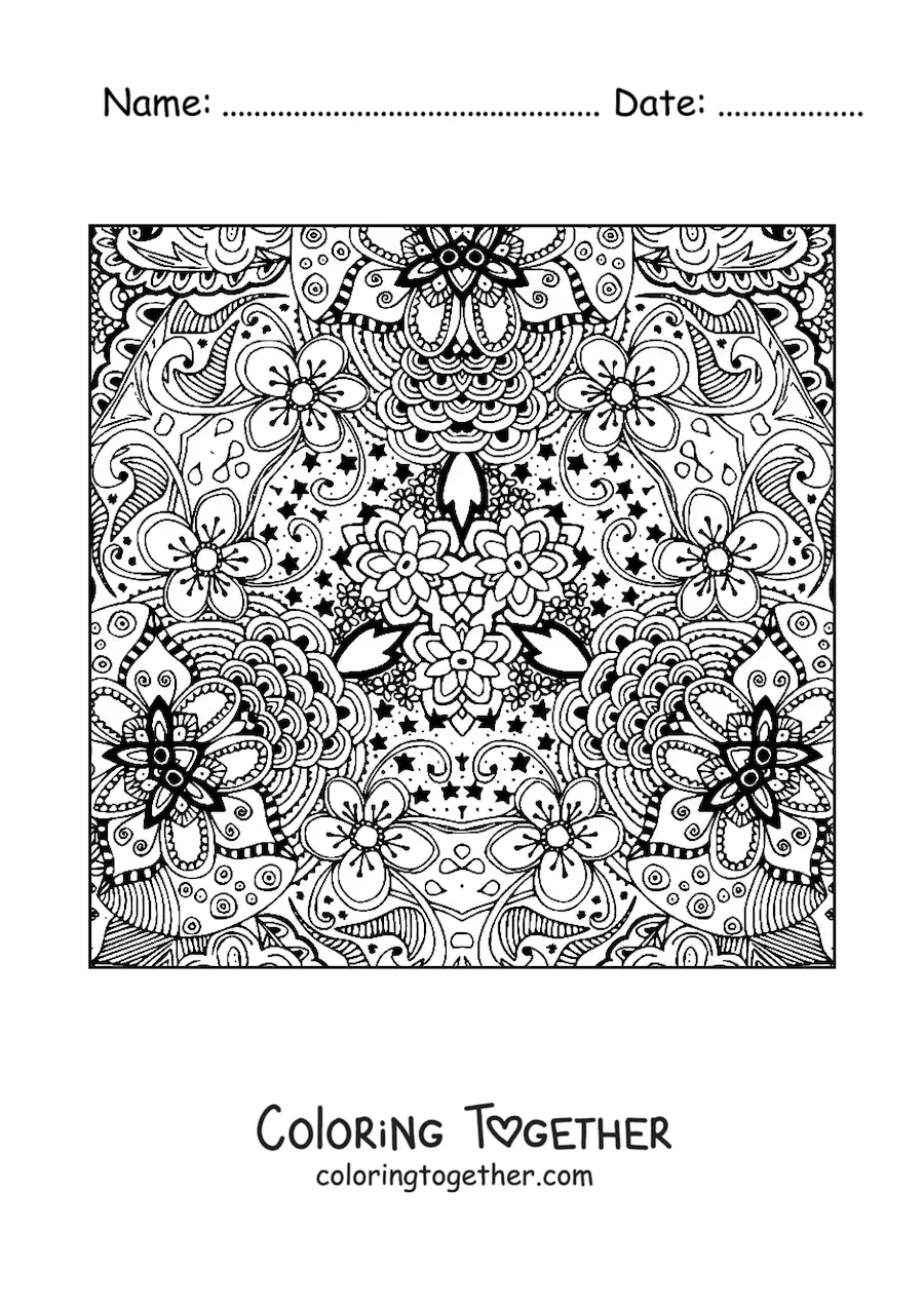 Coloring page of a floral square mandala