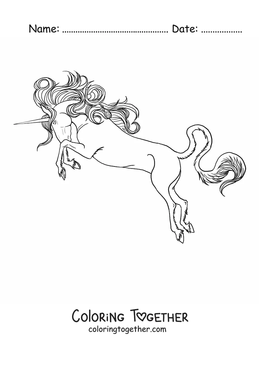 Coloring page of a unicorn on two legs charging