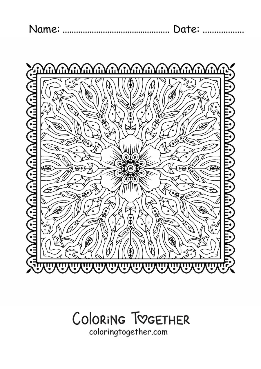 Coloring page of a floral square mandala