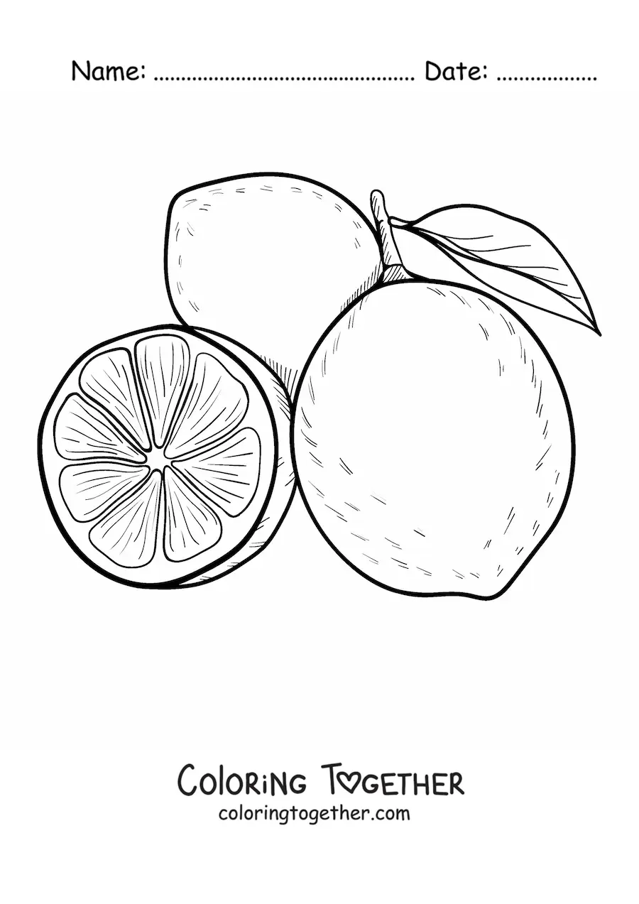 Coloring page of two whole lemons and half a lemon