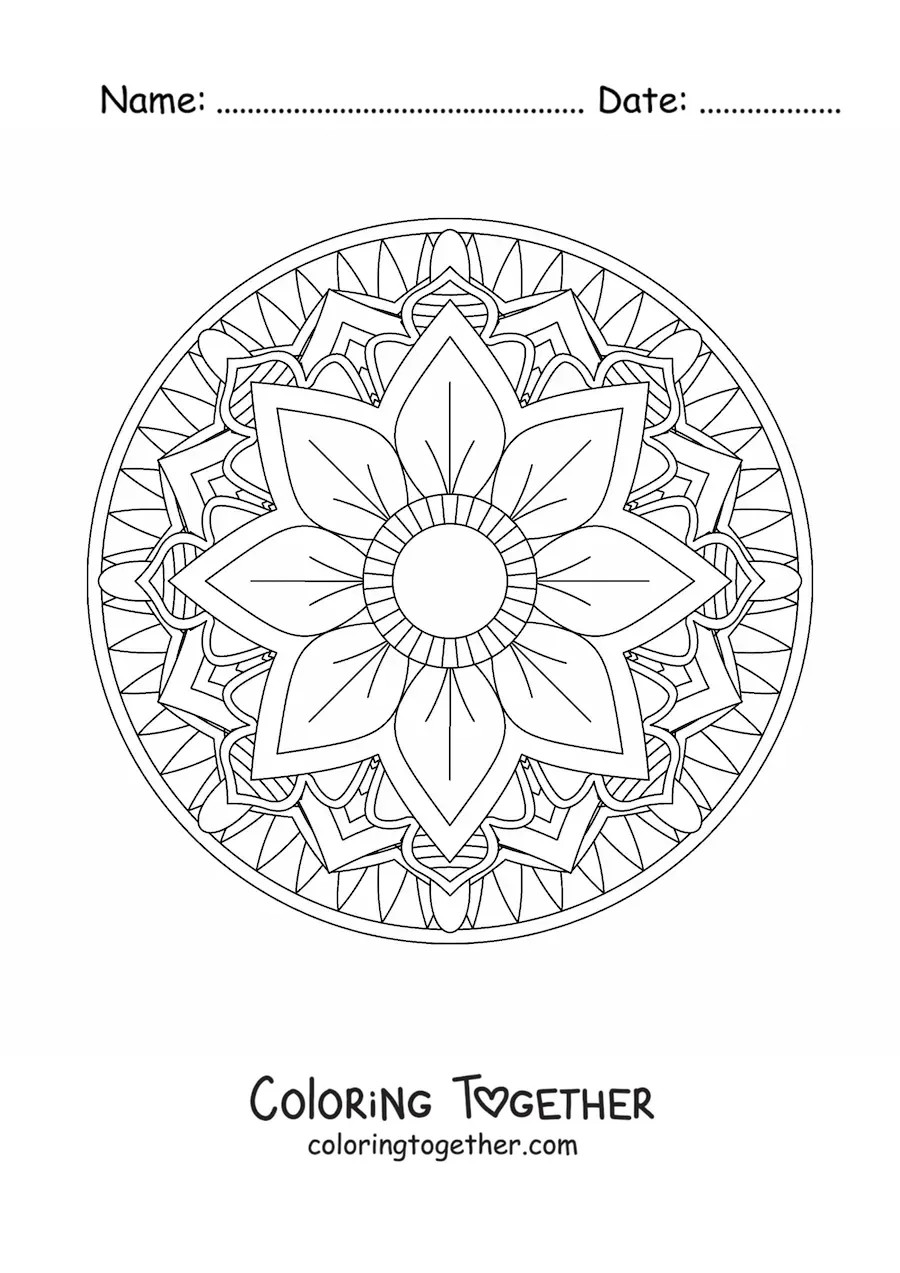 Coloring page of an easy circular mandala with a flower