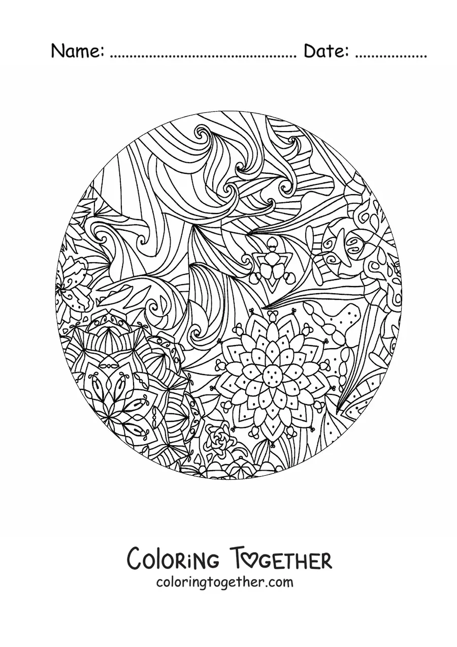 Coloring page of a circular Zentangle style mandala