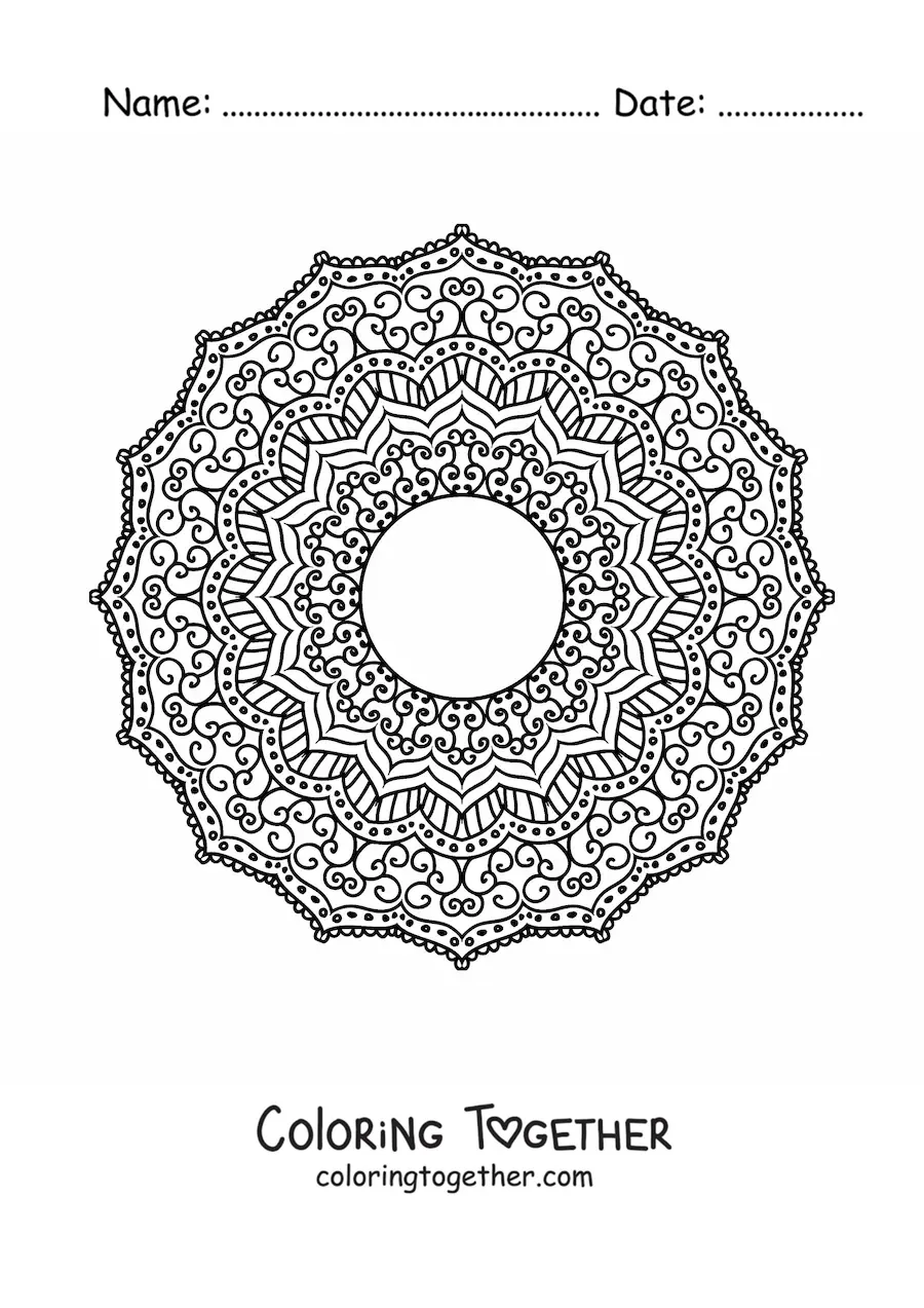 Coloring page of a circular Zentangle style mandala