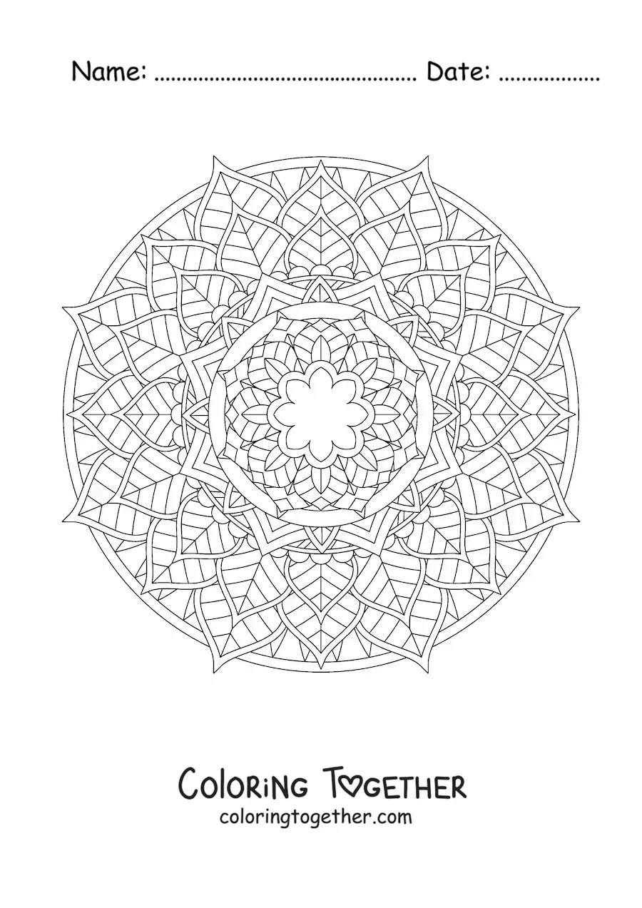 Coloring page of a circular mandala with flowers