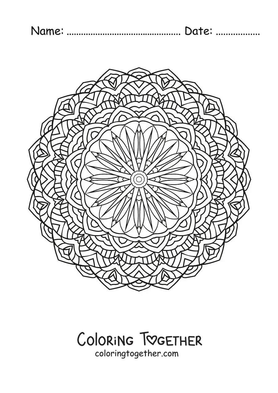 Coloring page of a circular mandala with flowers