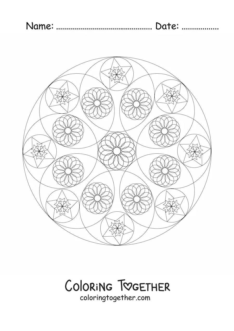 Coloring page of a circular mandala with geometric shapes