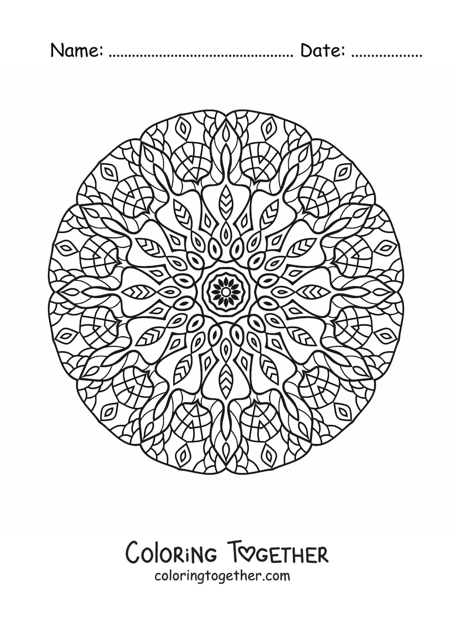 Coloring page of a circular mandala for adults