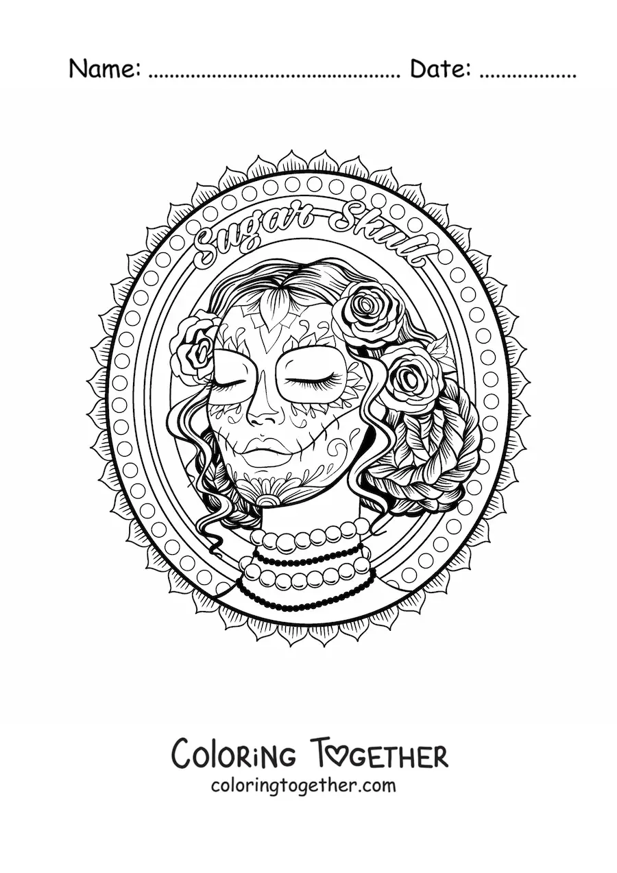 Coloring page of a beautiful realistic catrina with a mandala background