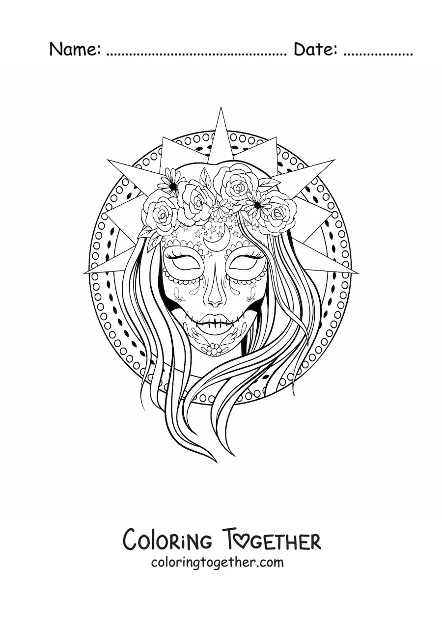 Coloring page of a beautiful realistic catrina with a mandala background