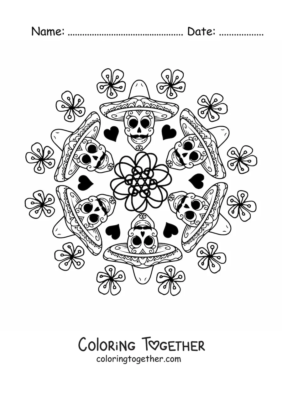 Coloring page of a Mexican skulls mandala