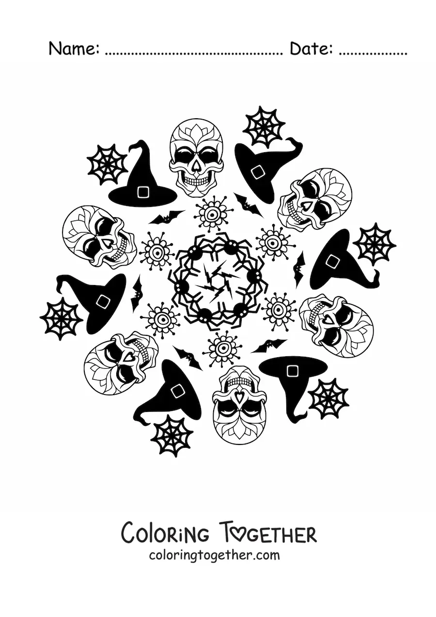 Coloring page of a Halloween skulls mandala