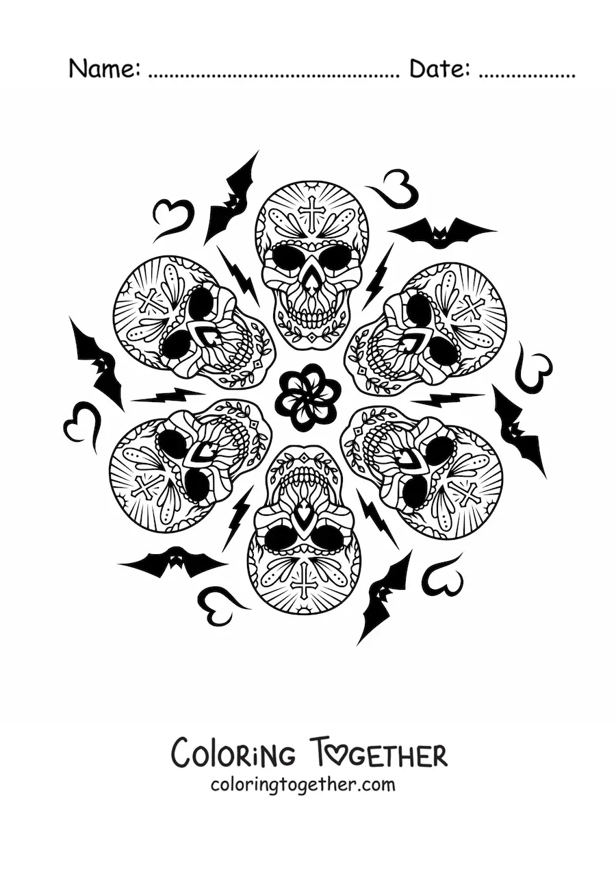 Coloring page of a Halloween skulls mandala