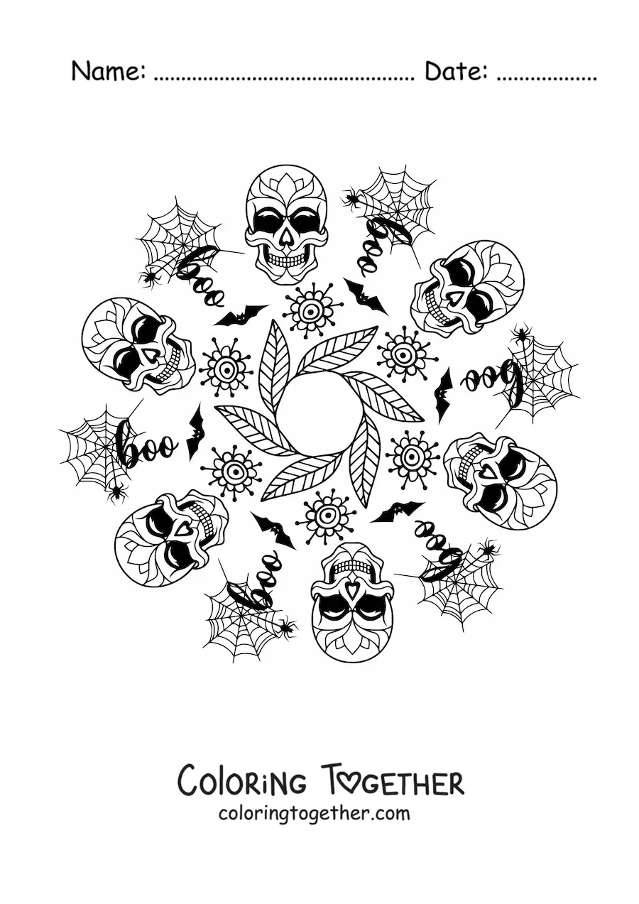 Coloring page of a Halloween skulls mandala