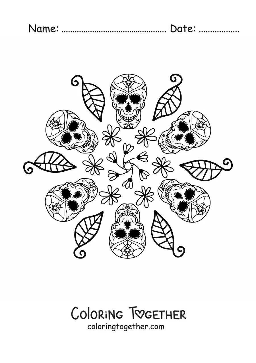 Coloring page of a catrina skulls mandala