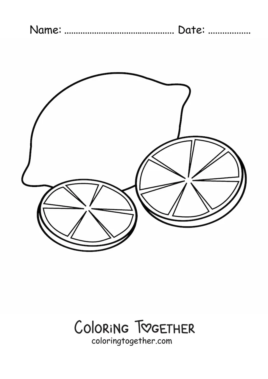 Coloring page of a lemon and two lemon slices