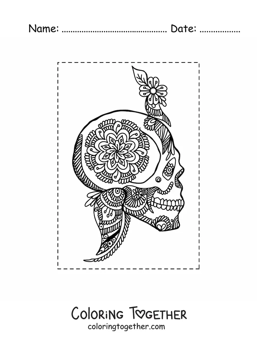 Coloring page of a Zentangle style skull mandala
