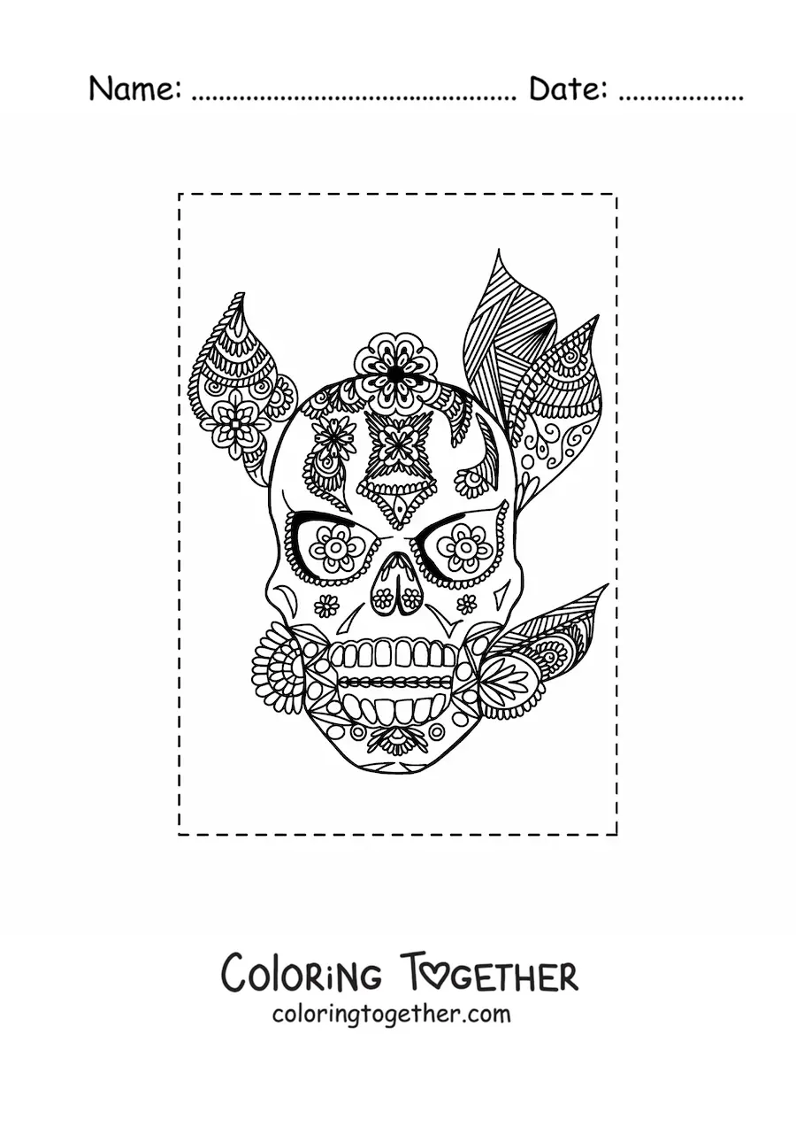 Coloring page of a Zentangle style skull mandala