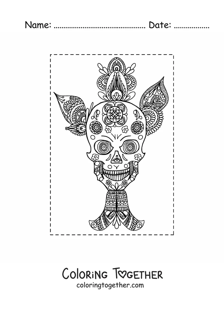Coloring page of a Zentangle style skull mandala