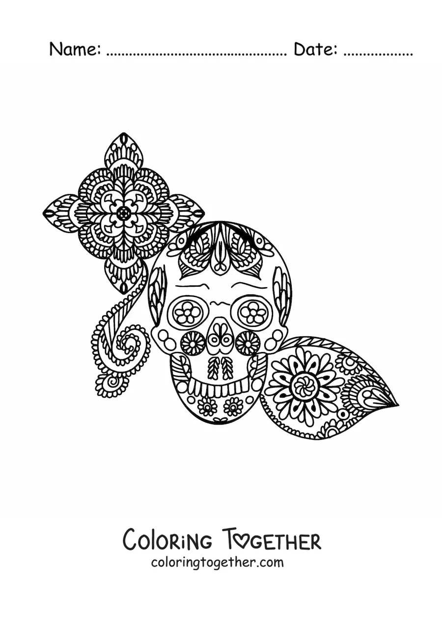 Coloring page of a Zentangle style skull mandala