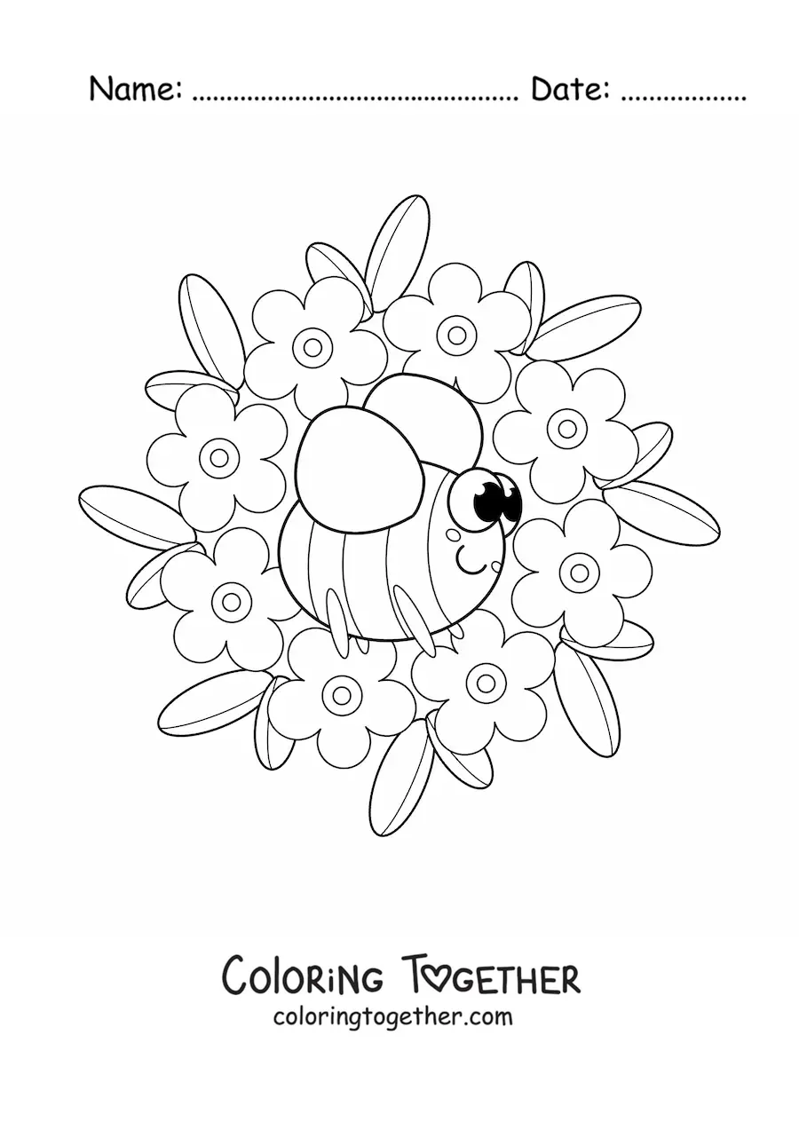 Coloring page of a kawaii mandala with a bee and flowers