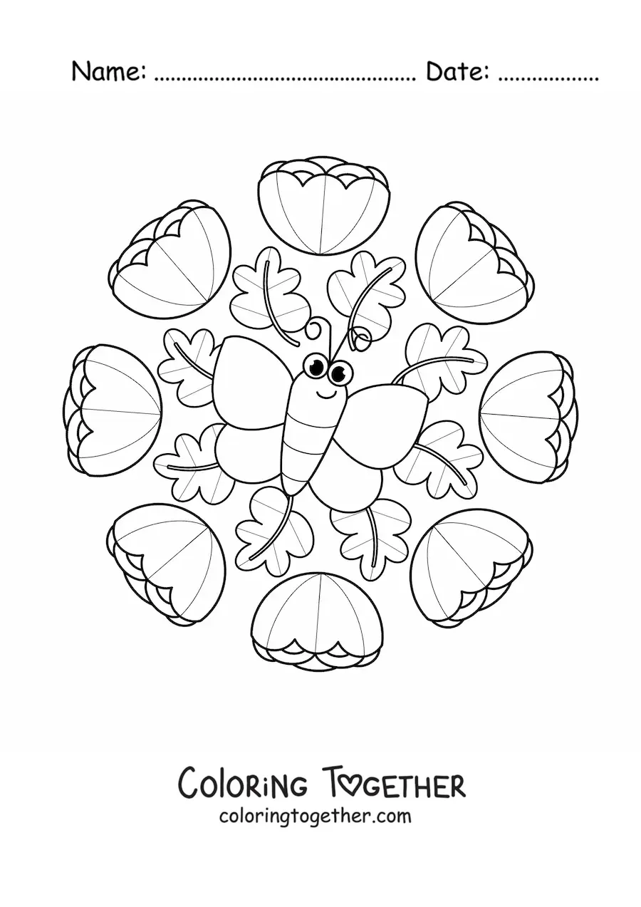 Coloring page of a kawaii mandala with a butterfly and flowers