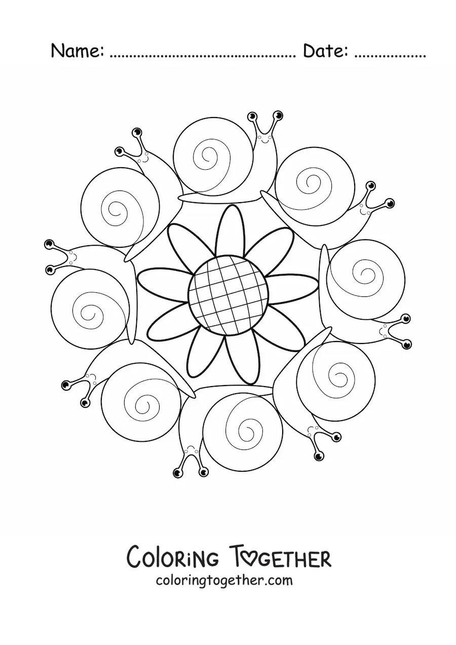 Coloring page of a kawaii mandala with snails and a flower