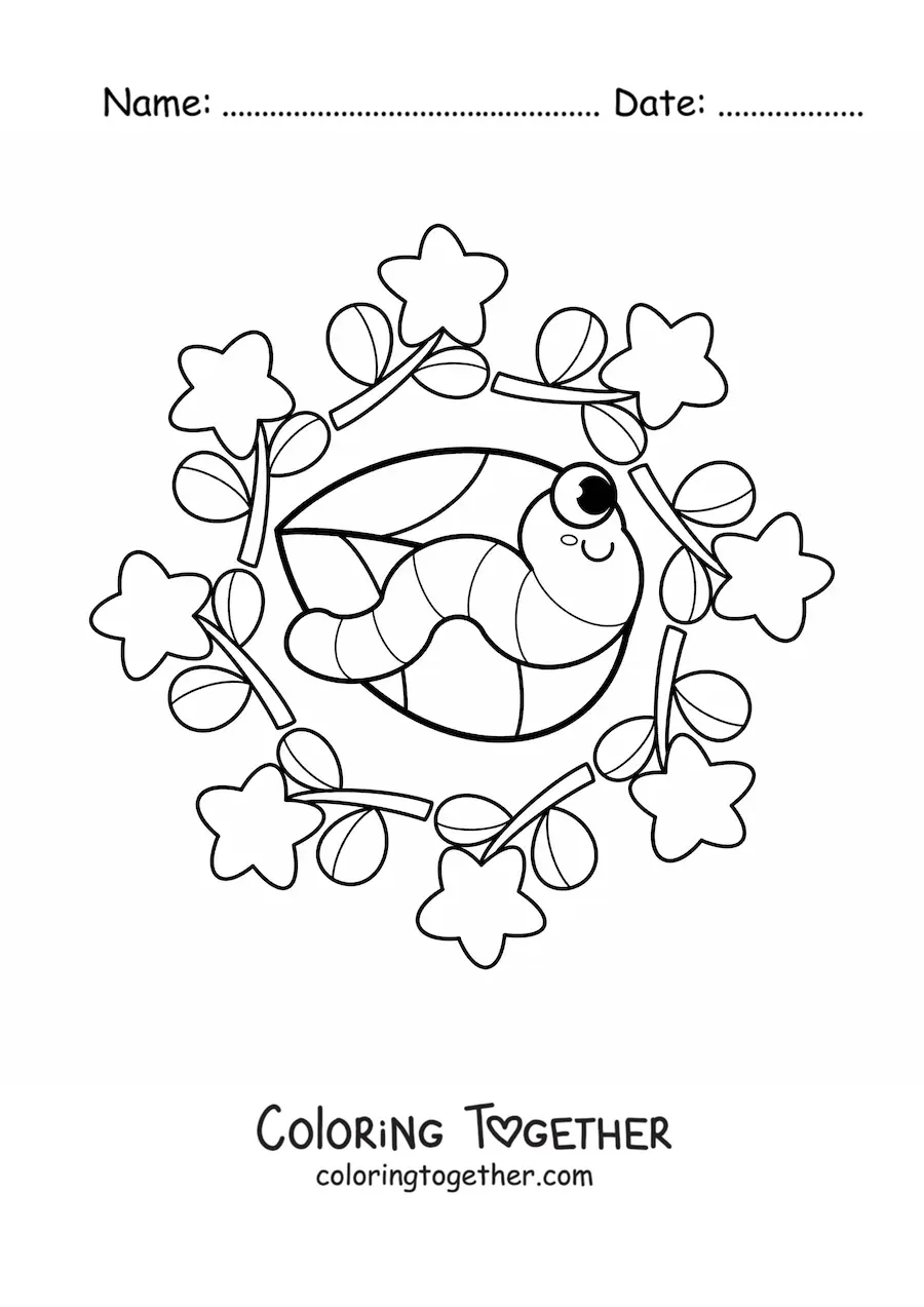 Coloring page of a kawaii mandala with a caterpillar and flowers