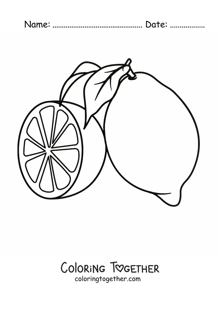 Coloring page of a lemon with a leaf and half a lemon