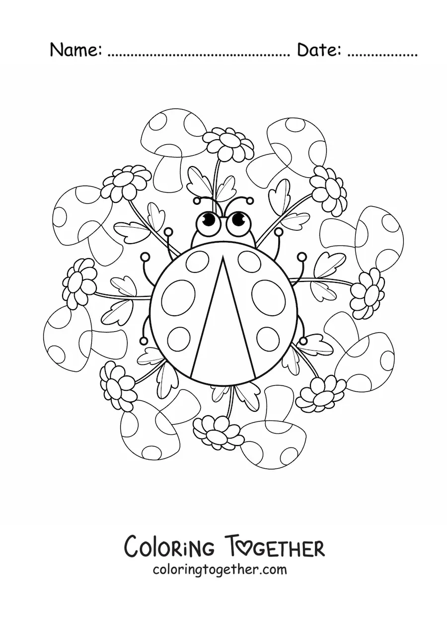 Coloring page of a kawaii mandala with a ladybug, mushrooms and flowers
