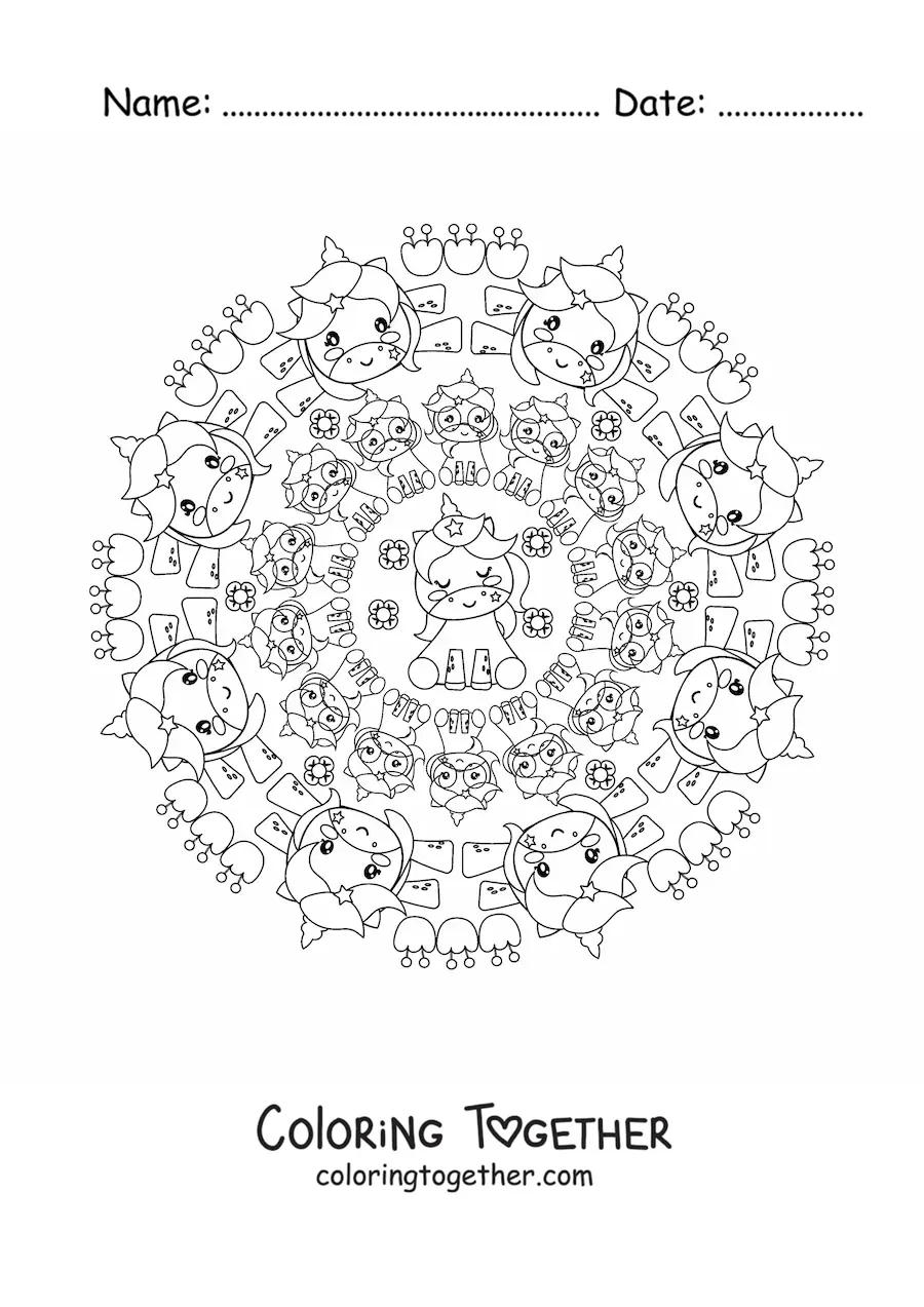 Coloring page of a kawaii unicorns mandala