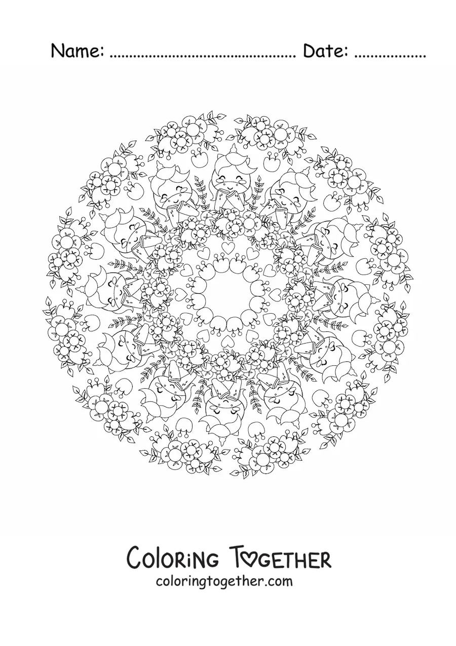 Coloring page of a kawaii unicorns mandala with flowers