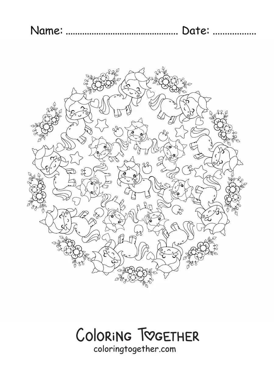 Coloring page of a kawaii unicorns mandala with flowers and stars