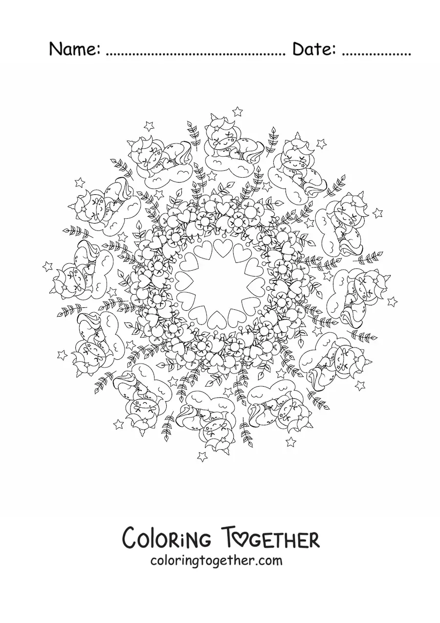 Coloring page of a kawaii unicorns mandala with flowers and hearts