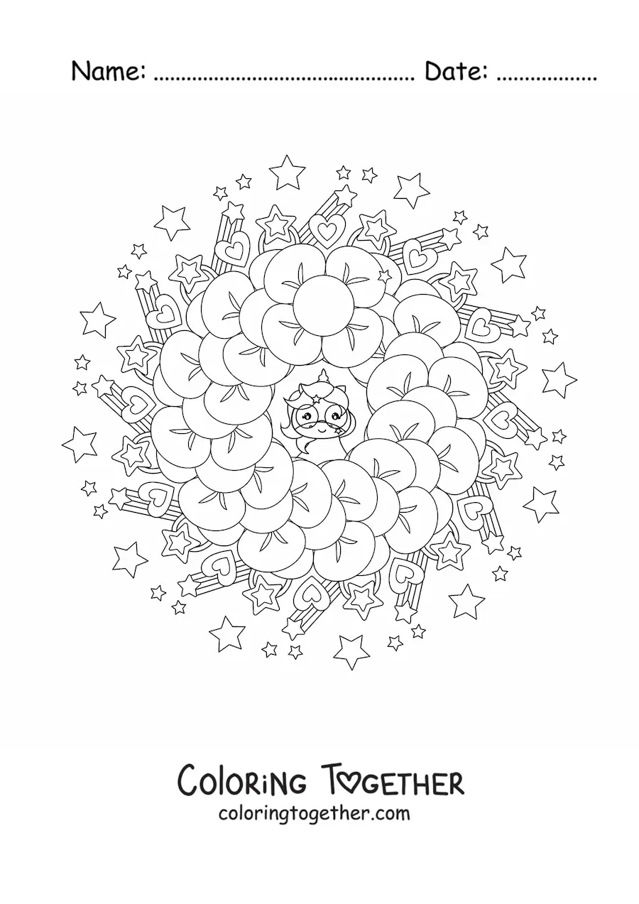 Coloring page of a kawaii unicorns mandala with hearts and stars