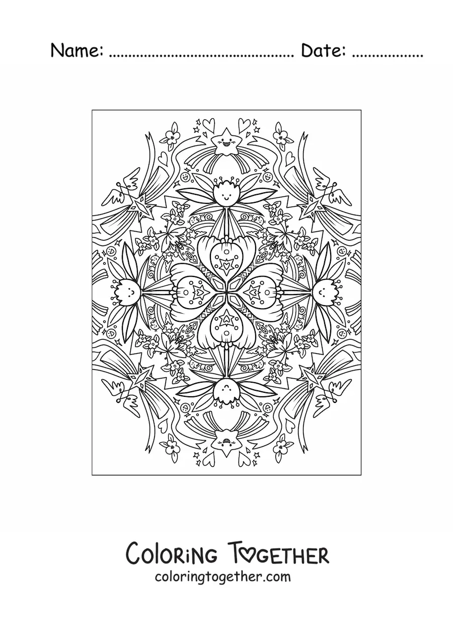 Coloring page of a kawaii mandala with flowers and stars