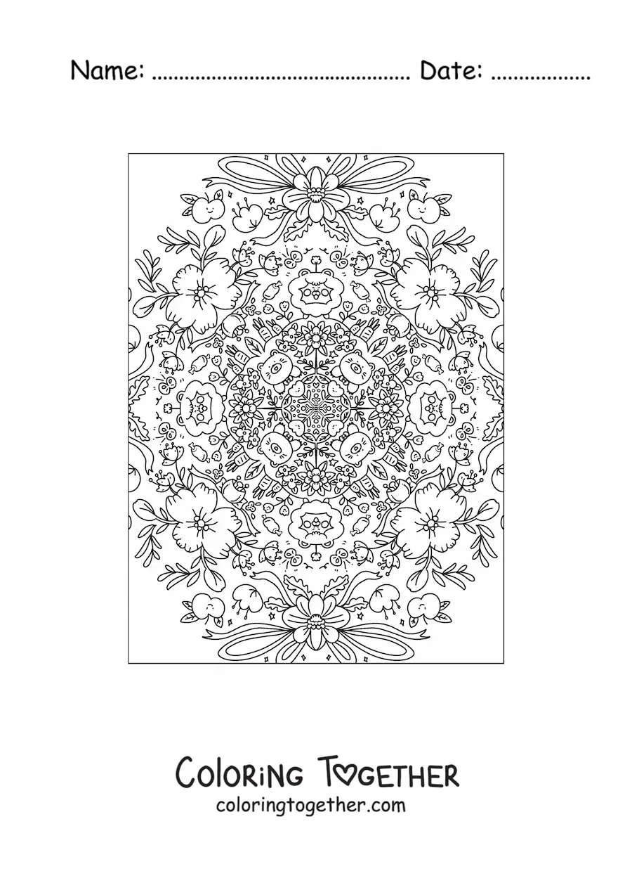 Coloring page of a kawaii mandala with flowers and animals