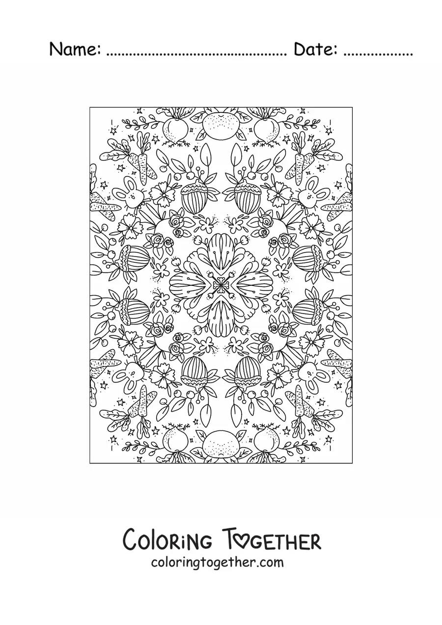 Coloring page of a kawaii mandala with flowers and rabbits