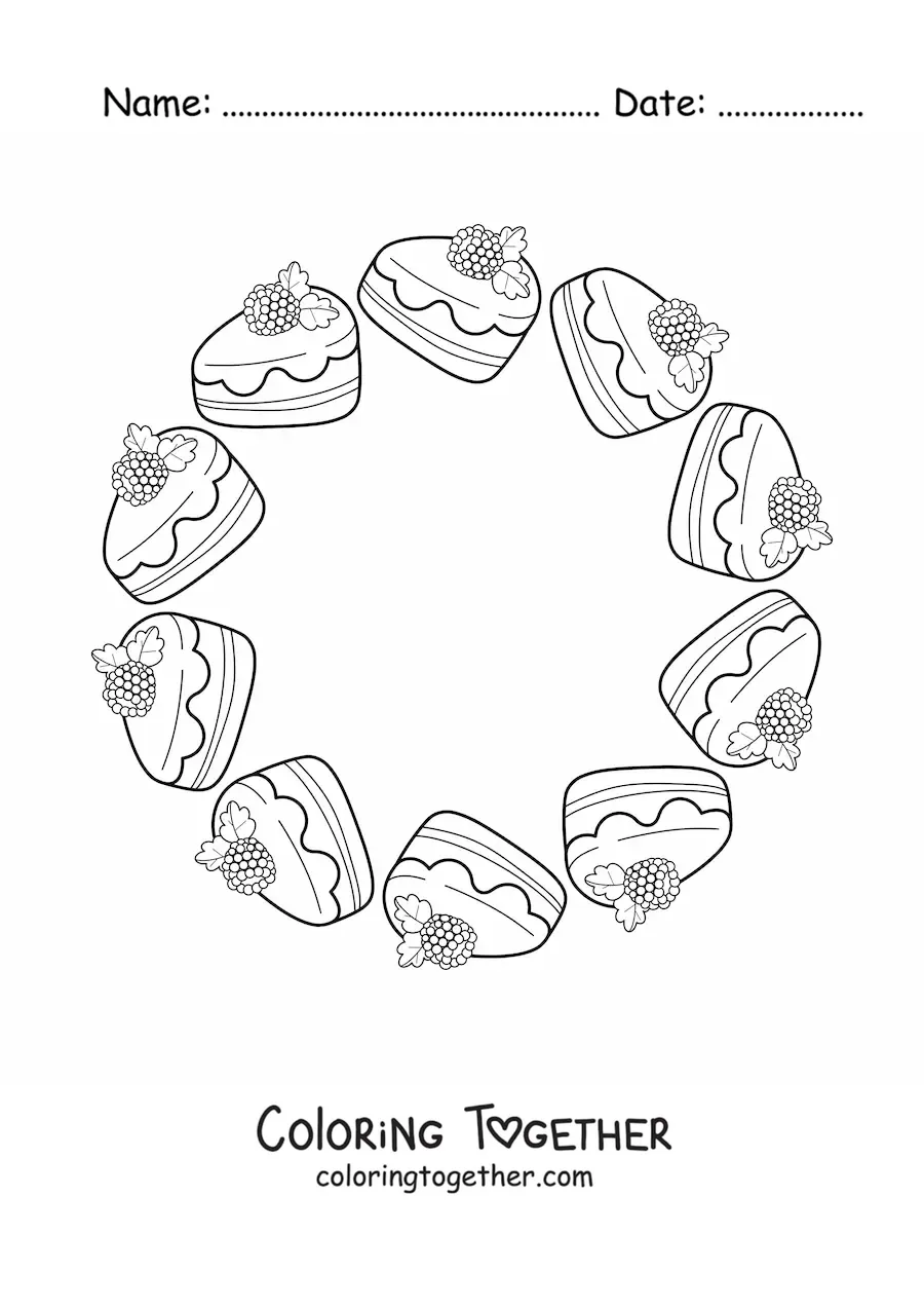 Coloring page of a kawaii mandala with slices of cake