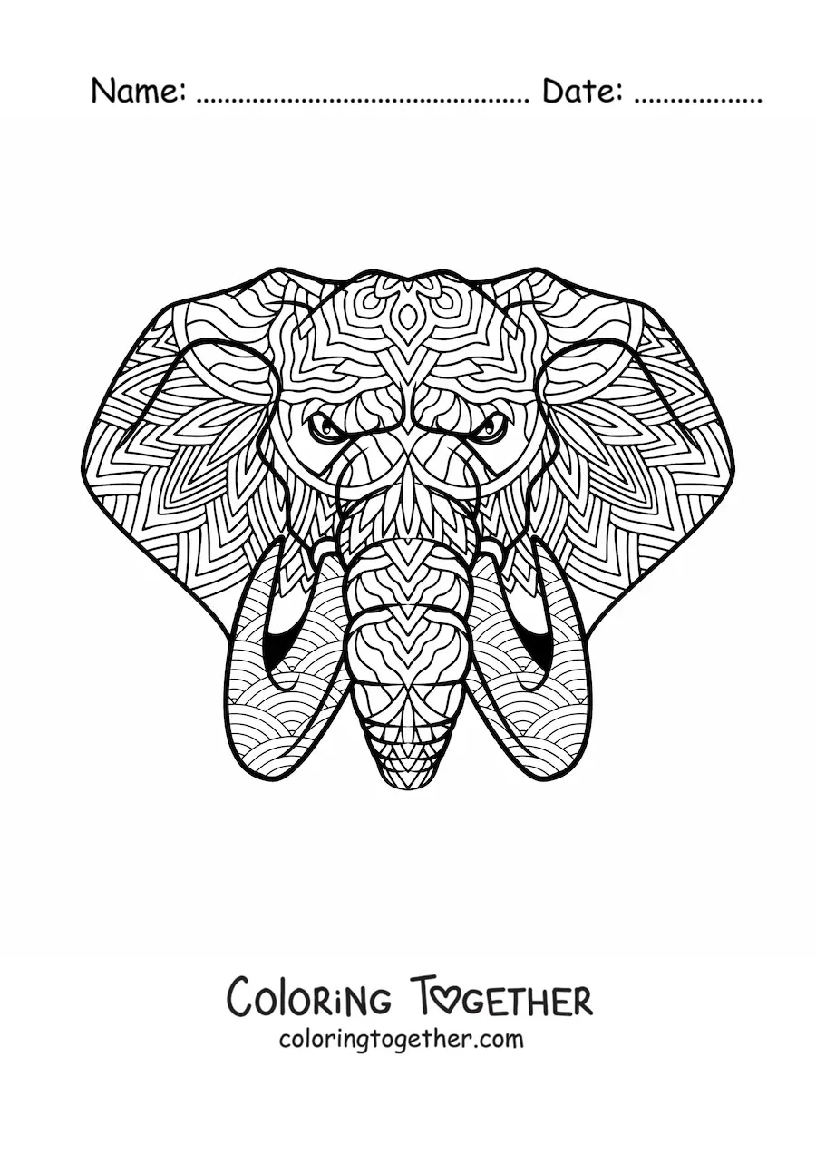 Coloring page of a Zentangle-style mandala of an elephant's face