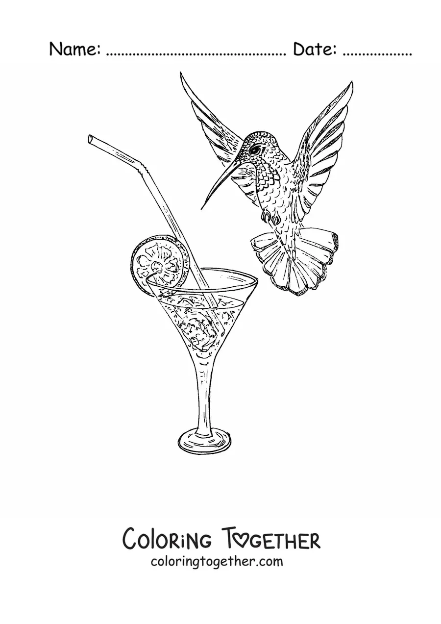Coloring page of a hummingbird drinking from a glass with a slice of lemon
