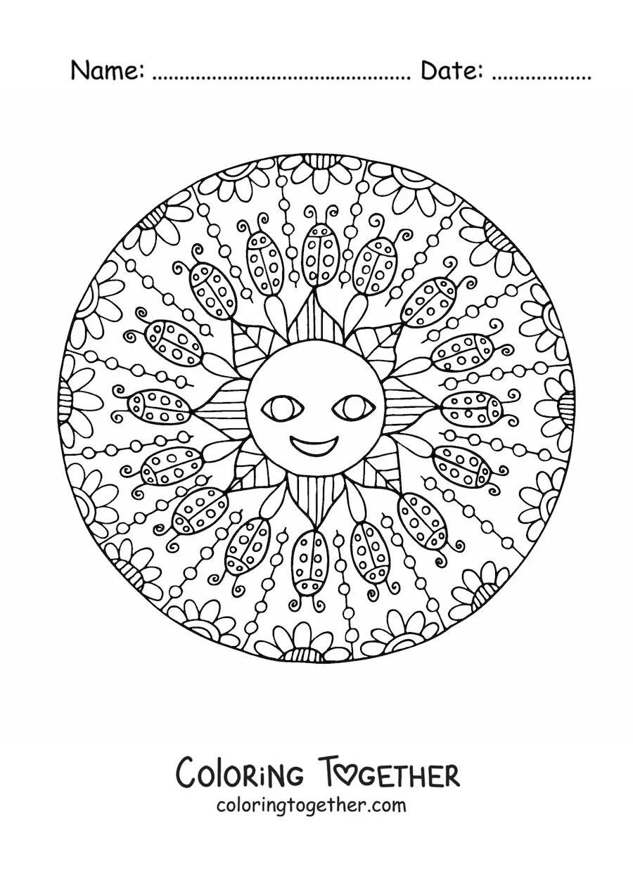 Coloring page of a mandala with a cartoon sun surrounded by ladybugs and flowers