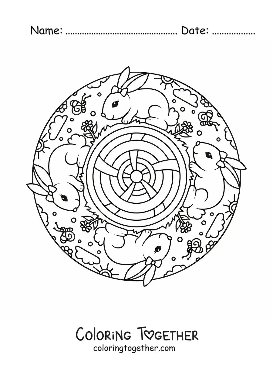 Coloring page of a mandala with kawaii rabbits