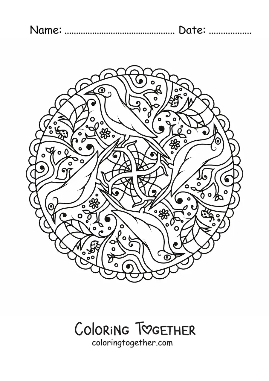 Coloring page of a mandala with birds