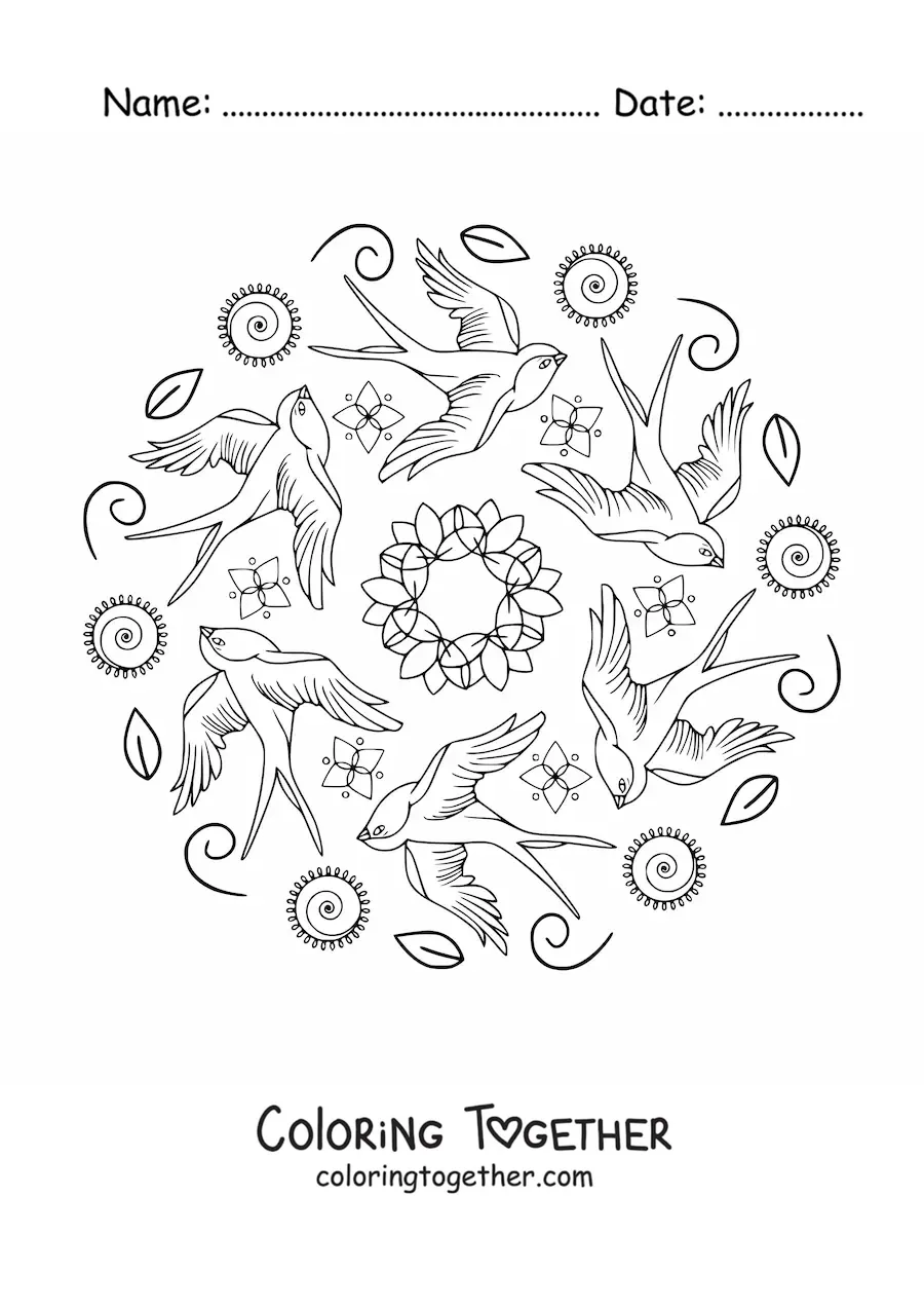 Coloring page of a mandala with flying birds and leaves