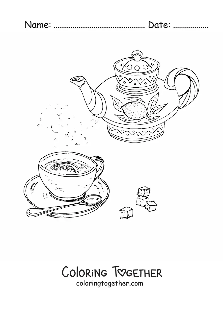 Coloring page of a teapot with lemon tea