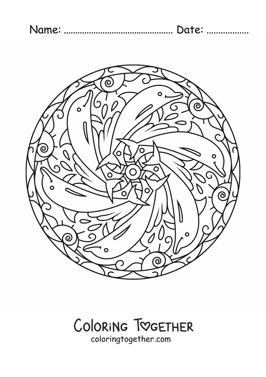Coloring page of a mandala with dolphins