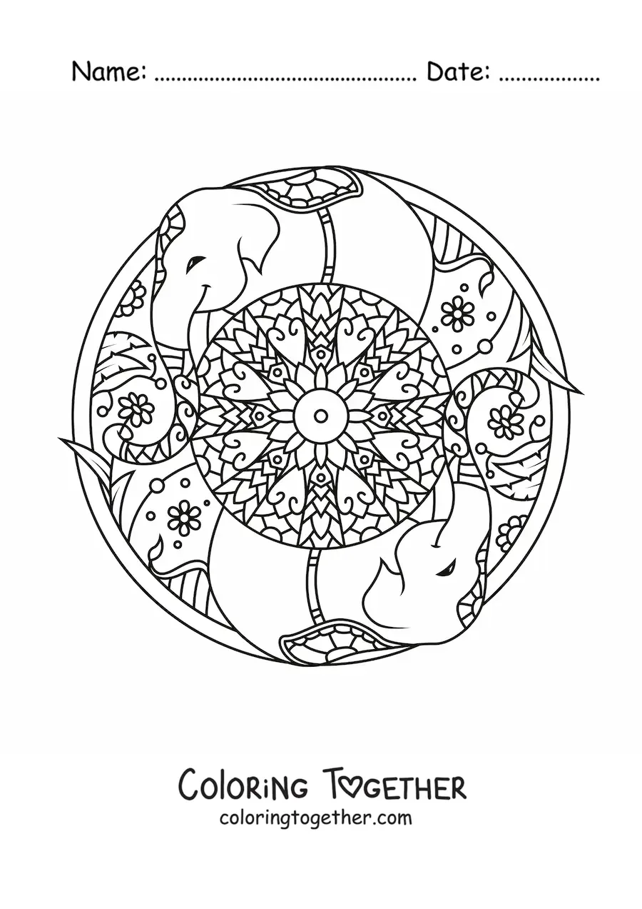 Coloring page of a mandala with elephants
